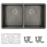 STYLISH 32in Graphite Black Double Bowl Undermount Stainless Steel Kitchen Sink