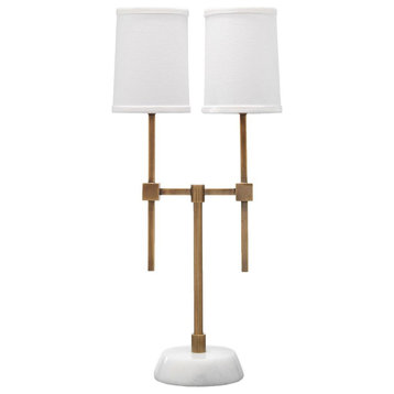 Luxe Minimalist Brass Metal Marble 2 Arm Table Lamp 24 in Console Shade Gold