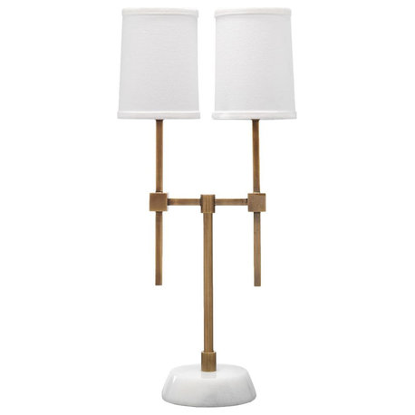 Luxe Minimalist Brass Metal Marble 2 Arm Table Lamp 24 in Console Shade Gold