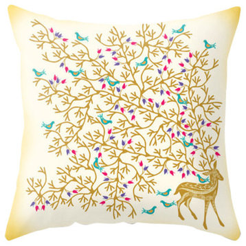 Golden Deer And Birds Pillow Cover