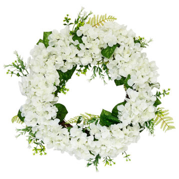 24" White Hydrangea Wreath On Natural Twig Base