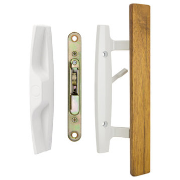 Lanai Sliding Glass Door Handle Set with Lock, Non-Keyed, Oak Wood Pull, White, 1-1/2" Thick Door