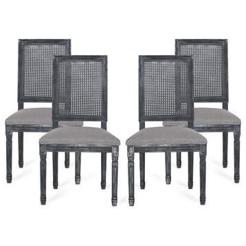 Brownell French Country Wood and Cane Upholstered Dining Chair (Set of 4), Gray