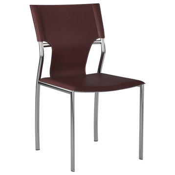Leather Dining Chair With Chrome Legs Set of 4, Dark Brown