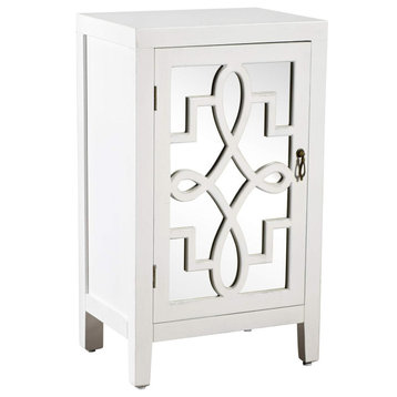 Minimalistic Nightstand, One Cabinet Doors With Elegant Mirrored Front, White