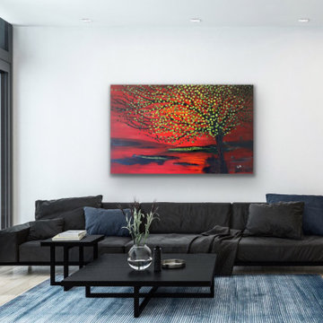 red green tree large Modern Contemporary Paintings for Family Room