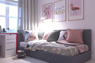 Идея дизайна: детская среднего размера: освещение с спальным местом, белыми стенами, полом из ламината и белым полом для подростка, девочки