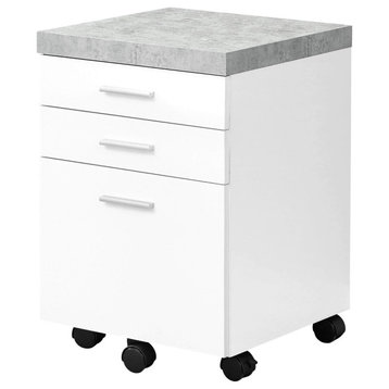 Filing Cabinet, Wood Frame With Caster Wheels and Pull Handles, White/Grey