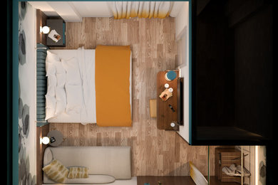 Ispirazione per una camera da letto minimal con pareti blu, pavimento in linoleum e carta da parati