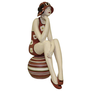 Retro Bathing Beauty Figurine, Statue Swim Suit Beach Ball Red Brown Hat