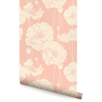 Peony Peel and Stick Vinyl Wallpaper, Coral Pink, 24"w X 108"h