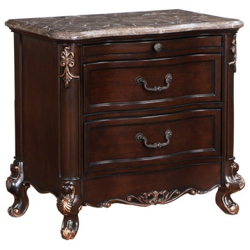 Leon 32 Inch 2 Drawer Nightstand Carved Details Marble Surface Brown - Saltoro
