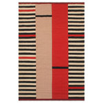 Bareens Designer Rugs - Eclectic Turkish Kilim Elwanda Hand-Woven Wool Rug - 5'7'' x 7'10'' - Elevate the elegance of your home with this stunning hand-woven tribal Kilim wool rug. Meticulously crafted on a loom by the Nomad Turkman people using hand-spun wool and 100% natural vegetable dyes, these rugs are recognized for their repetitive geometric patterns, incorporating naturalistic floral and traditional designs. The contemporary fashion palette results in bold, sharp patterns that are incredibly versatile, as the pattern is the same on both sides. These reversible rugs feature a lighter shade on one side and brighter colors on the other, providing versatility according to preference. These unique rugs are made by knotting short strands of different colors onto the warps and securing them by tightly pressing the wefts. The designs are created by interweaving the various colored wefts and warps. Kilims are known for their exceptional durability and versatility, making them truly unique rugs.  Product Details    Rug Size: 5'7'' x 7'10''  Material: 100% Wool  Style: Kilim, Flat Weave, Dhurrie, Turkish, Southwestern, Rustic, Tribal  Colors: Beige, Black  Weave Type: Hand-Woven, Handmade  Pile Height: Less than 0.25 inch