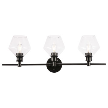 Gene 3-Light Wall Sconce, Black And Clear Glass