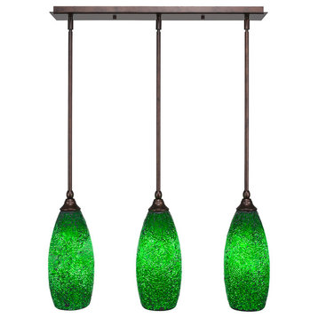 3-Light Mini Pendant, Hang Straight Swivels, Bronze, 5.5" Green Fusion Glass