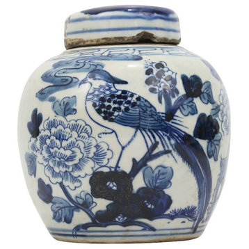 Antiqued Style Blue and White Porcelain Bird Motif Cover Jar 6"