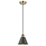 INNOVATIONS LIGHTING - Innovations 516-1P-AB-M8-BK 1-Light Mini Pendant, Antique Brass - Innovations 516-1P-AB-M8-BK 1-Light Mini Pendant Antique Brass. Collection: Ballston. Style: Industrial, Farmhouse, Restoration-Vintage. Metal Finish: Antique Brass. Metal Finish (Shade): Matte Black. Metal Finish (Canopy/Backplate): Antique Brass. Material: Steel, Cast Brass. Dimension(in): 7. 5(H) x 7(W) x 7(Dia). Min/Max Height (Fixture Height with Cord or Included Stems and Canopy)(in): 12. 75/130. 75. Wire/Cord: 10 Feet Of Black Textured Cord. Bulb: (1)60W Medium Base,Dimmable(Not Included). Maximum Wattage Per Socket: 100. Voltage: 120. Color Temperature (Kelvin): 2200. CRI: 99. 9. Lumens: 220. Glass or Metal Shade Color: Matte Black. Shade Material: Metal. Shade Shape: Cone. Metal Shade Description: Matte Black Smithfield. Shade Dimension(in): 6. 5(W) x 4. 5(H). Fitter Measurement (Glass Or Metal Shade Fitter Size): Neckless with a 2. 125 inch Hole. Canopy Dimension(in): 4. 5(Dia) x 0. 75(H). Sloped Ceiling Compatible: Yes. California Proposition 65 Warning Required: Yes. UL and ETL Certification: Damp Location.