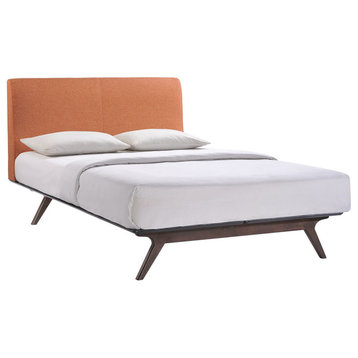 Modern Contemporary Queen Size Wood Bed Frame, Orange Fabric