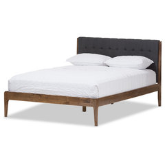 Ember Dark Gray Fabric and Medium Brown Finish Platform Bed