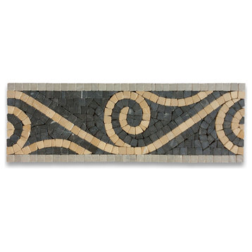 Marble Mosaic Border Insert Listello Tile Swirl Nero 4x12 Tumbled, 1 piece