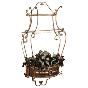 Luxe Ornate Gold Bronze Scroll Metal Wall Shelf Towel Rack Planter Antique Style