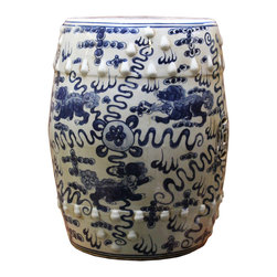 Chinese Blue & White Porcelain Foo Dogs Round Stool Table cs2280 - Accent And Garden Stools