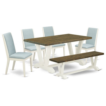 6-Piece Dinette Sets, Table, 4 Chairs With Baby Blue and Bench