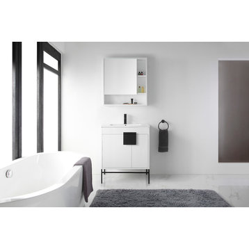 Modern White Bathroom Vanity Set, Black Matte Hardware, Vireous China Sink Top