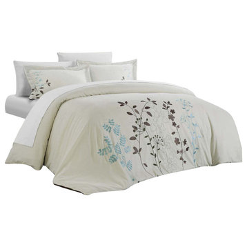 Kathy Kaylee Floral Embroidered 3-Piece Duvet Cover Set, Queen Beige