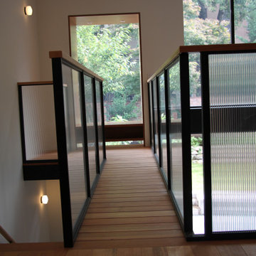Glass and black metal railings