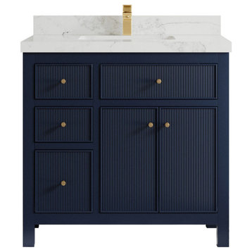 Sonoma 36 Right Offset Reeded  Bath Vanity in Navy Blue 2" Calacatta Nuvo