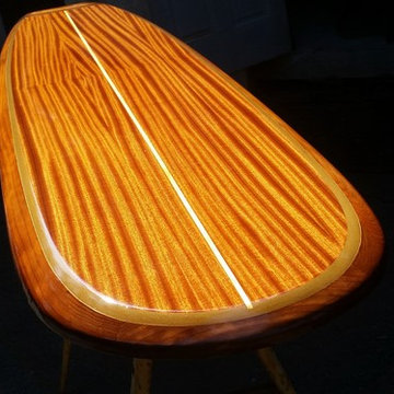 Surfboard bar tables, wall art, wood surfboard showers and furniture