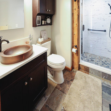 Century Home Farmhouse Masterbath with Vessel Sink and Tiled Shower