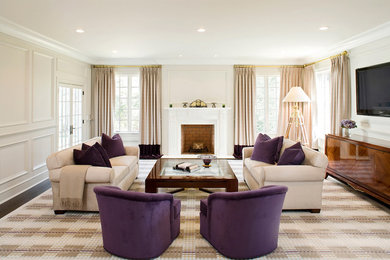 This is an example of a contemporary living room in New York with a standard fireplace and a wall-mounted tv.