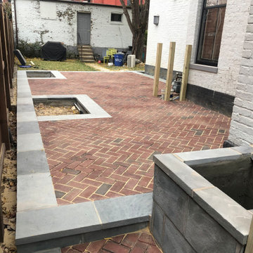 Red Brick Patio with Thermal Blue Border, Flower Boxes, & Steps in Washington DC