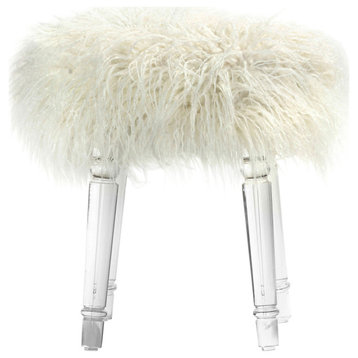 Cortesi Home Doni Ottoman, White Faux Fur with Acrylic Legs