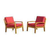 GDF Studio Outdoor Wood Club Chairs, Water Resistant Cushions, Red, Set of 2