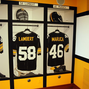 Pittsburgh Steelers 1970's Themed Locker Room Murals in a Home Gym/Game Room