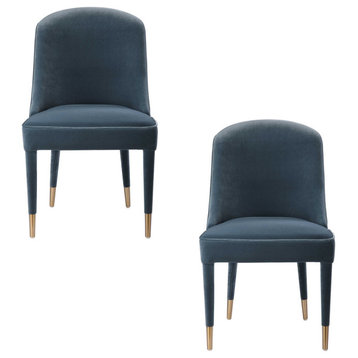 Blue Velvet Curved Back Dining Chair Armless Bronze Legs Modern, Set of 2