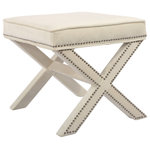 Meridian Furniture - Nixon Velvet Upholstered Ottoman/Bench, Cream - You'll be sitting pretty on this Nixon cream velvet ottoman/bench. This beautiful piece has a stunning look with its cream velvet upholstery and chrome nail head trim that gives your room a decidedly contemporary vibe. The X-shaped legs are sturdy and stout, making it a beautifully durable addition to your space. The ottoman's large top accommodates your feet while you relax and unwind with a good book, or pull it out on game night for an extra seat.