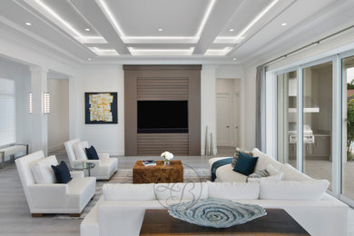 Family room - contemporary open concept medium tone wood floor, gray floor and tray ceiling family room idea in Miami with white walls, no fireplace and a media wall