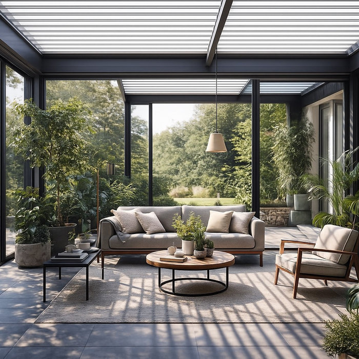 L'architettura vetrata diventa una stanza verde.