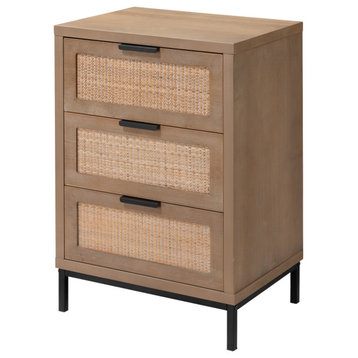 Luxe Woven Raffia Front 3 Drawer Accent Table Chest Casual Light Wood Bedside