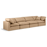 Meridian Furniture - Indulge Upholstered Modular Sofa, Tan, 4-Piece: 2 Armless Chair, 2 Corner Chair, Fiber Stuffed Vegan Leather - Experience ultimate comfort and style with our tan vegan leather Indulge Sofa. The luxurious vegan leather will elevate the aesthetic of any room. This sofa provides ample space for you to relax while its modular build offers the option of unlimited configurations. Whether you're looking to add a stylish element to your living room or a comfortable seating option to your bedroom, this sofa is the perfect choice.