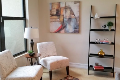 Living room - small transitional open concept ceramic tile living room idea in Detroit with beige walls