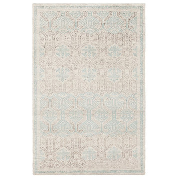 Isla Hand Knotted Wool Rectangle Area Rug, 5' x 7'1/2", White/Blue/Gray