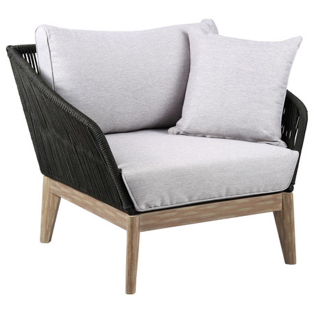 Athos Outdoor Club Chair With Latte Rope and Gray Cushions, Light Eucalyptus