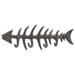 Import Wholesales - Cast Iron Wall Hook Rack, Fish Bone Skeleton, 13.75" W - This Fish Bone Skeleton wall hook rack is 13.75" wide. The rack features 4 hooks perfect for hanging Keys, Coats and Towels.! Made of cast iron with a Distressed Brown color. Features Holes for easy Mounting.