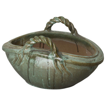 13.5" Large Two Handle Basket, Green Kelp Glaze
