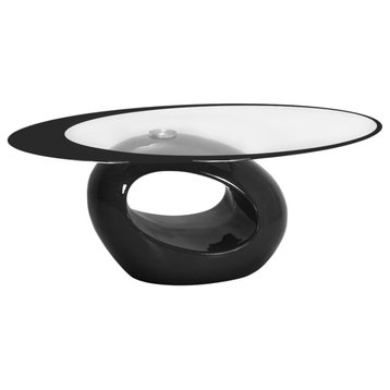 Modern Coffee Table, Unique Geometric Base With Oval Tempered Glass Top, Black